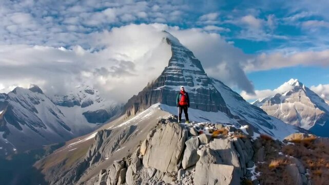 A concept symbolizing business resolve, inspired by Mount Everest, representing motivation, overcoming challenges, and achieving business success, with a visual metaphor of reaching the summit.