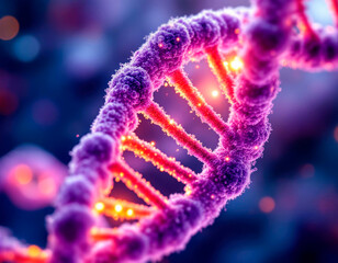 Close-up image of a colored double helix DNA model, depicted in atomic structure with spheres representing atoms and bonds - Generative AI