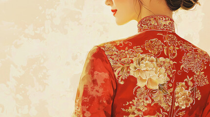Elegant Chinese Woman in Traditional Dress: Art Illustration Highlighting Cultural Heritage, Fashion, and Femininity. Chinese New Year. Copy space