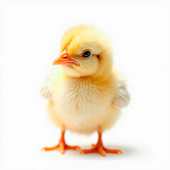 Obraz premium A young chicken chick stands on a white background, displaying fluffy yellow feathers and a curious expression - Generative AI