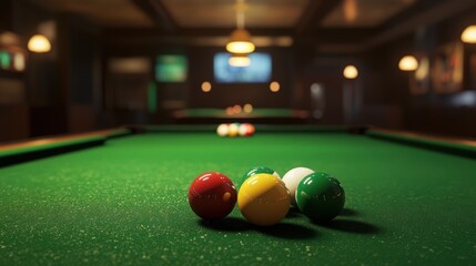 Relaxing Billiards Night at the Pub: A Close-Up of Colorful Pool Balls on a Green Felt Table