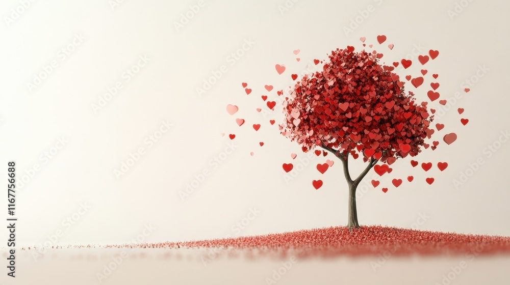 Poster Abstract 3D background for Valentine's day - tree with red hearts on a light background - copy space for text