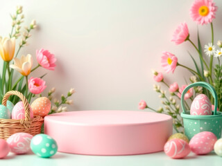 A festive Easter scene with a pink basket full of colorful Easter eggs and scattered eggs to the right Pink flowers in the foreground and a clean, white background provide contras - Generative AI