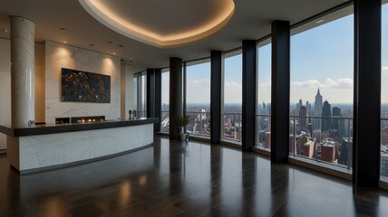 Fototapeta premium Modern luxury penthouse with city view, marble bar, and floor-to-ceiling windows.