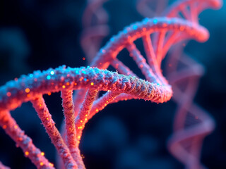 Close-up, glowing DNA strand with a helical structure, surrounded by small particles or bubbles, dark background, educational use in genetics or biology - Generative AI