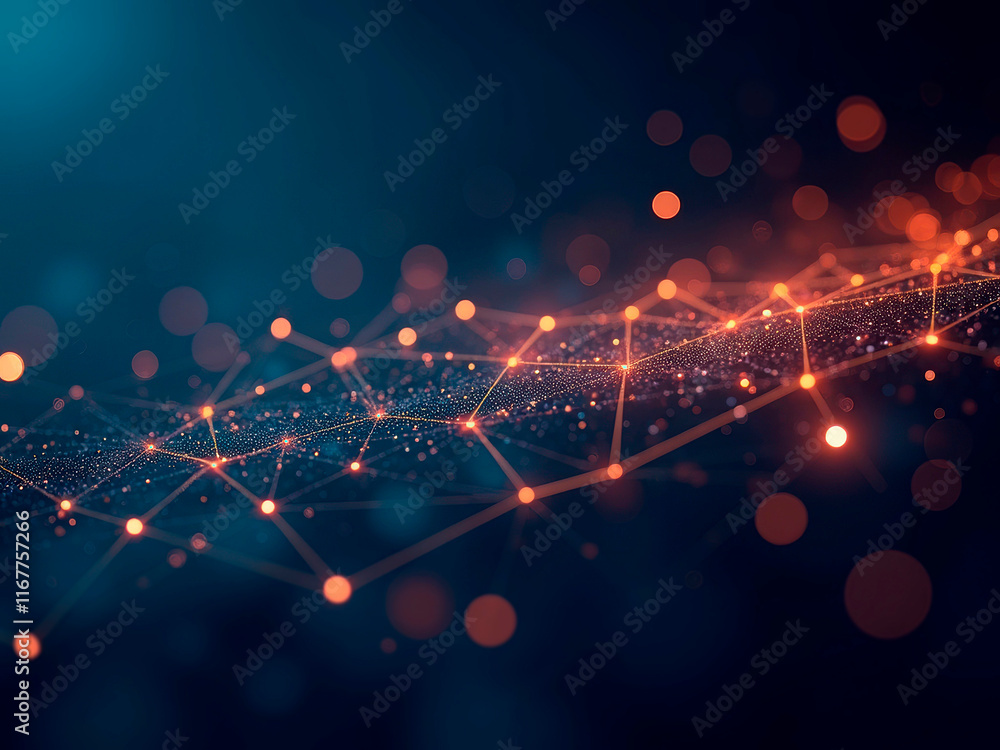 Poster a digital illustration of a connected network or chain of glowing spheresdots, suggesting themes of 