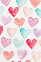 Colorful watercolor hearts, playful pattern, romantic design, soft pastel colors, cheerful background, perfect for Valentine's Day.