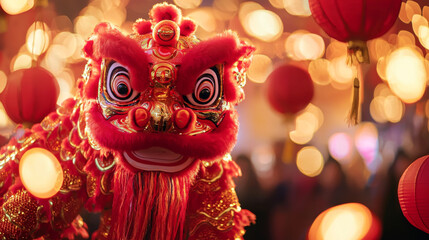 Fototapeta premium Close-Up of Chinese Lion Dance during New Year Celebrations, Illustrating Tradition, Culture, Festivity, and Celebration