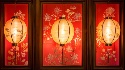 Elegant Chinese New Year Lanterns Against Floral Red Background Concept of Festive Celebration, Cultural Tradition, Illuminated Decorations
