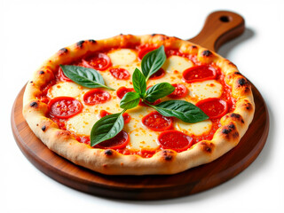 Close-up image of a crispy, golden pepperoni pizza on a hardwood cutting board, garnished with...