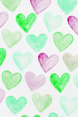 Colorful watercolor hearts, soft pastel shades, romantic pattern design, perfect for greeting cards, love themes.