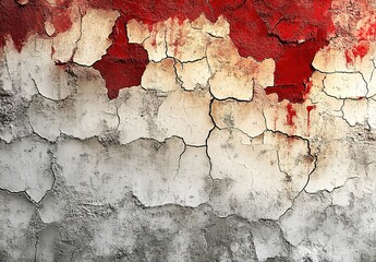 Obraz premium A weathered, cracked wall with red and orange watercolor stains, showcasing the textures of an old concrete surface
