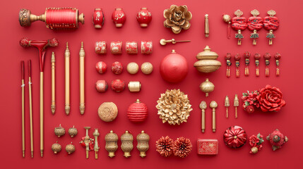 Chinese New Year Decorations in Red and Gold Featuring Lanterns, Flowers, and Ornaments. Concept of Festive Celebration, Cultural Tradition, Holiday Decor, and Vibrant Aesthetics. Background