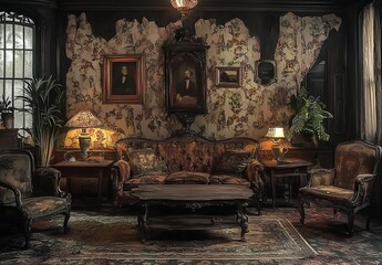 A living room with peeling wallpaper, vintage furniture, and a coffee table in an abandoned mansion.