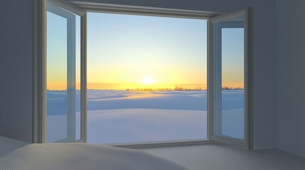 snow covered window, beautiful landscape winter view