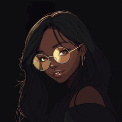 A young woman with long, flowing black hair and round golden glasses is posing, showcasing her confident expression. The dark background adds depth and focus on her features.
