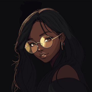 A young woman with long, flowing black hair and round golden glasses is posing, showcasing her confident expression. The dark background adds depth and focus on her features.
