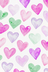 Colorful watercolor hearts, soft pastel shades, romantic background design, playful and cheerful style.