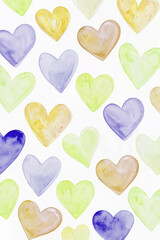 Colorful watercolor hearts, soft pastel shades, romantic pattern design, perfect for greeting cards, love themes.