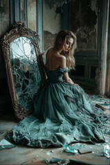 Fototapeta premium Woman in a torn dress sitting beside a broken mirror in an abandoned room with shattered glass on the floor