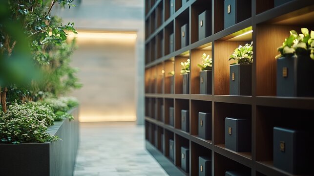 Modern indoor columbarium wall with plants and soft lighting.