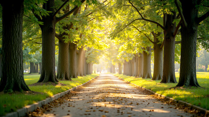 Naklejka premium Shady Path with Trees and Soft Sunshine