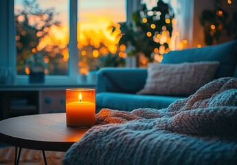 A cozy living room with soft lighting, comfortable sofas and blankets, and warm hues of orange and blue creating an inviting atmosphere. 