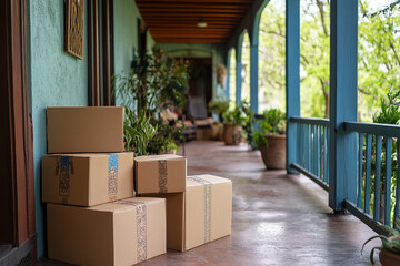Stacked delivered cardboard boxes on a porch with plants and railings with copy space 