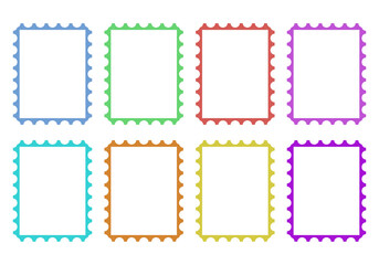 Hoja de iconos de sello o estampado azul, verde, rojo, amarillo, rosa, morado y naranja