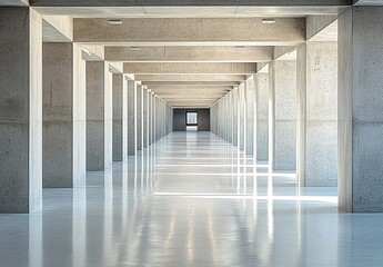  A long, empty concrete corridor with symmetrical columns and an open ceiling.