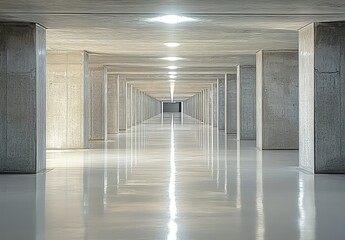  A long, empty concrete corridor with symmetrical columns and an open ceiling.