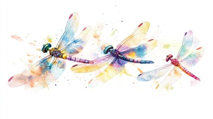 Fototapeta premium Colorful Dragonflies Soaring in the Air with Watercolor Wings, Set Against a White Summer Background