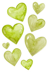 Green watercolor hearts, soft textures, romantic design, artistic elements, love theme, decorative accents, vibrant colors.
