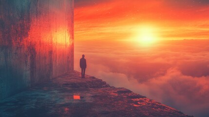 Fototapeta premium A solitary traveler stands on the edge of a surreal high-altitude cliff beneath an intense glowing sunset sky, contemplating the vast ocean of clouds.