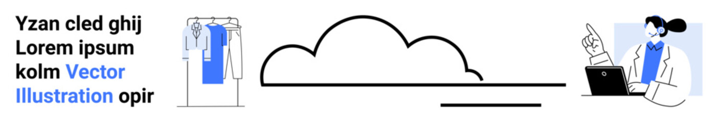 Cloud icon with clothing on a rack and a person pointing at a laptop screen wearing a mask and lab coat. Ideal for remote work, fashion industry, healthcare, cloud computing, virtual meetings
