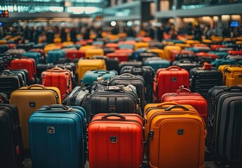 Fototapeta premium A lot of colorful luggage in an airport, with many people waiting for their bags.