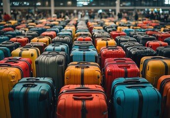Naklejka premium A lot of colorful luggage in an airport, with many people waiting for their bags.