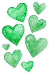 Green watercolor hearts, vibrant shapes, artistic design, romantic theme, perfect for invitations, love graphics.
