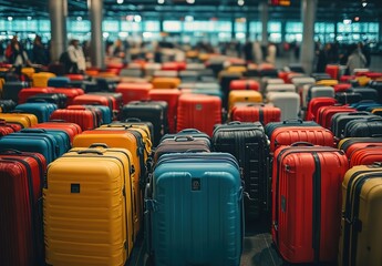 Fototapeta premium A lot of colorful luggage in an airport, with many people waiting for their bags.