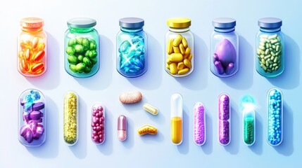 Vibrant Collection of Food Supplements: Assorted Capsules, Tablets, and Granules on a Bright Background