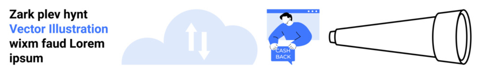 Fototapeta premium Cloud sync arrow inside cloud. Man in blue giving feedback in browser window. Megaphone icon. Ideal for technology, communication, feedback, announcements, marketing, cloud storage, promotions