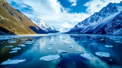 Obraz premium Ice floes floating on a glacial lake surrounded by mountains