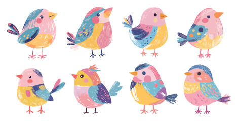 Obraz premium Cute Little Birds Design Collection Stylized Illustrations Trendy Style On White Background Unique Artwork Creative Design Adorable Bird Illustrations Decorative Features Modern