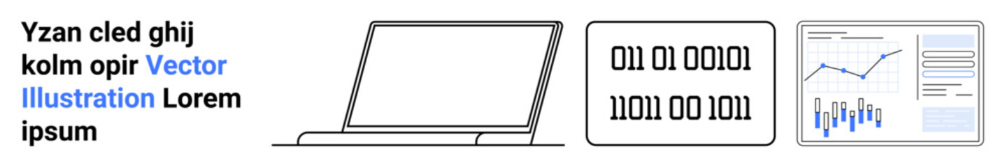 Laptop, binary code, and data graph. Ideal for data analysis, digital tools, coding, data visualization, technology, information processing, and analytics. Landing page