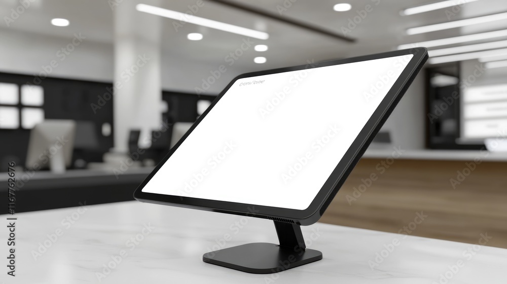 Aufkleber sleek white tablet on stand displayed on minimalist table with ample blank space for custom messagin