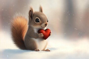 Adorable Squirrel Embracing a Heart-Shaped Acorn on a Romantic February Day