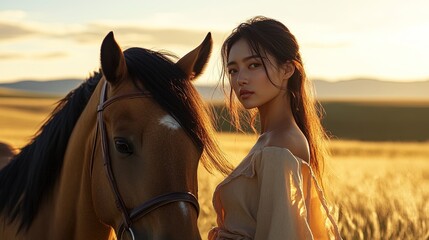 Obraz premium Woman with horse in golden field at sunset.