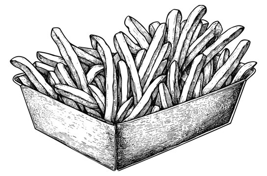 recommend clip art: Fries in a Carton Detailed Vintage Engraving Illustration on White Background with Intricate Texture Classic Fast Food Art Antique Style French Fries Graphic Vintage Snack Design