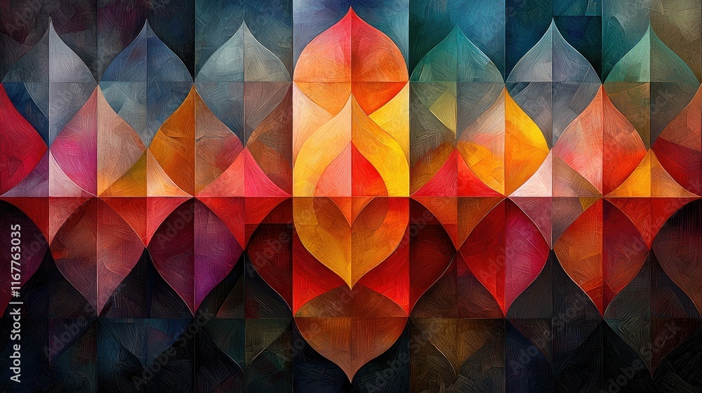 Poster abstract colorful geometric pattern with vibrant hues and symmetrical design.