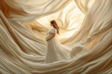 Pregnant woman in flowing fabric captured in soft, warm light inside a serene environment